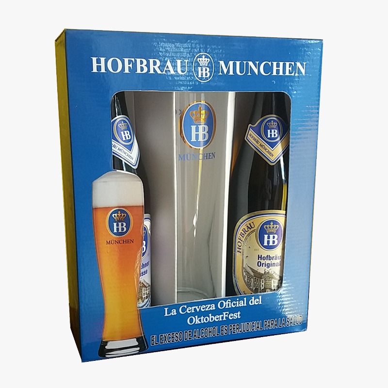 2 Hofbräu München 550 ml Flaschen + 1 Bierglas im Geschenkkarton.
